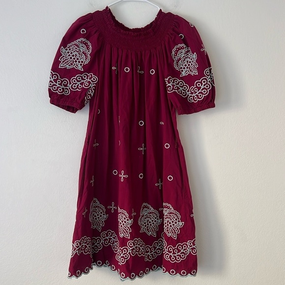 Roller Rabbit Peonia Embroidered Ainsley Dress Size Small Maroon and Blue - Picture 3 of 10